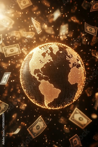 Golden Globe with Floating Banknotes Representing Global Economy - made with Generative AI