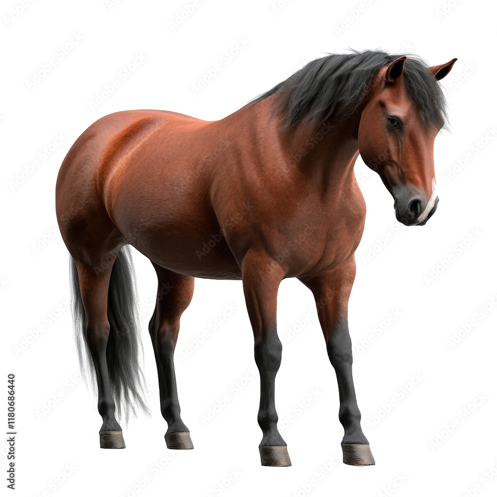 Obraz premium Majestic Horse Gracefully Posed on a Solid Black Background Emphasizing Its Elegant Form and Powerful Presence in Stillness isolated on a white background