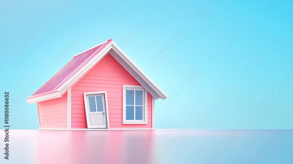 A pink house with a broken door sits on a blue background A pink house with a broken door sits on a blue background