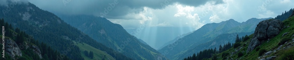 Cloudy sky with heavy rain falling on mountain ridges, clouds, landscape, wet rocks Cloudy sky with heavy rain falling on mountain ridges, clouds, landscape, wet rocks