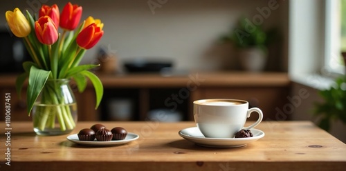 Wallpaper Mural Cup of coffee on a wooden table with tulips on the sideboard and chocolates on the counter, tones, coffee Torontodigital.ca