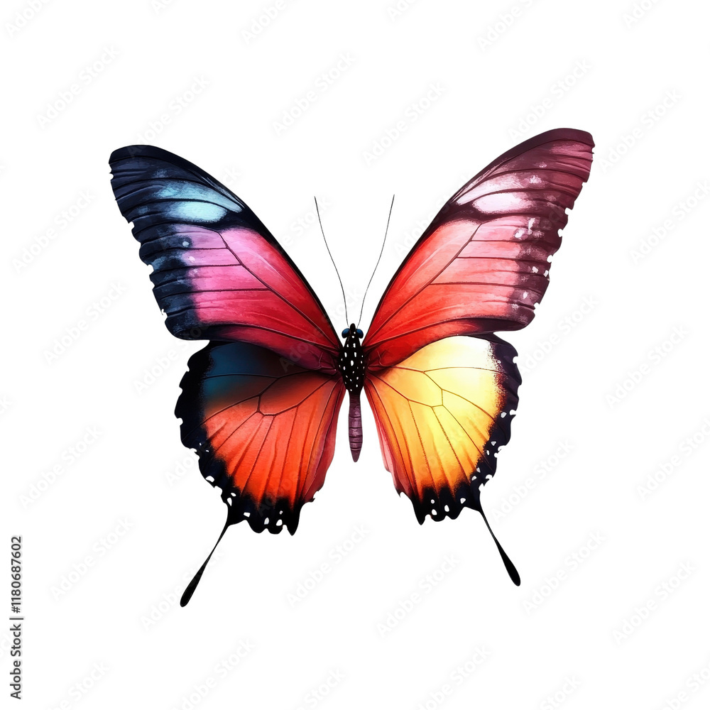 Obraz premium Vibrant Butterfly Displaying Stunning Colorful Patterns Against a Dark Background Conveying Beauty and Intricacy of Nature isolated on a white background