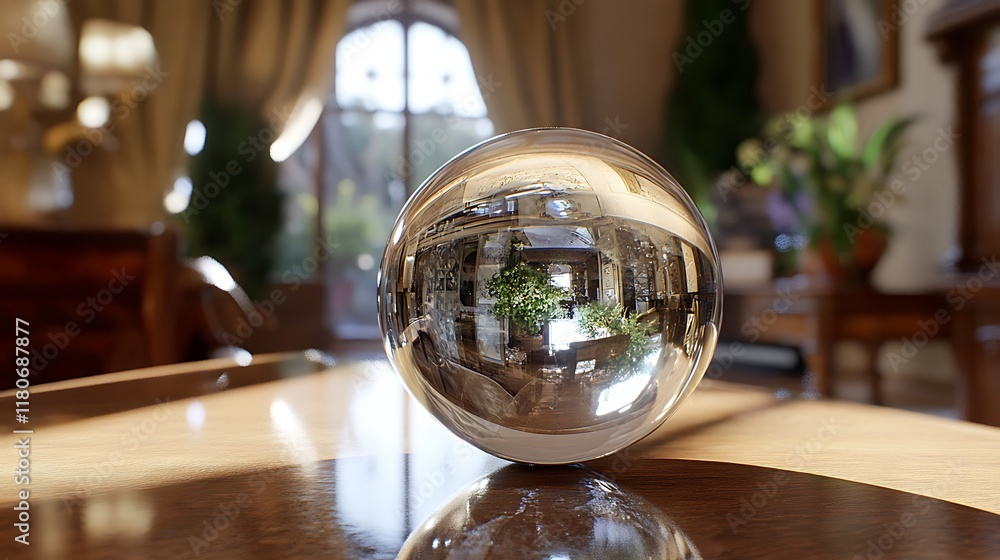 Crystal ball on a wooden table in a room with a window. Crystal ball on a wooden table in a room with a window.