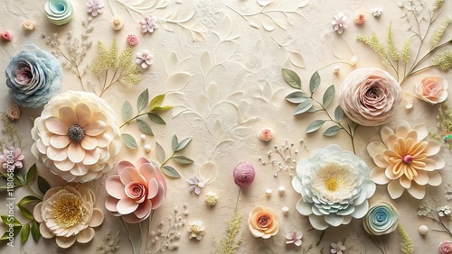 A Delicate Arrangement of Pastel Paper Flowers and Delicate Foliage on a Textured Background