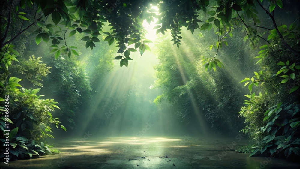 Obraz premium Serene Sunbeams Illuminate Lush Tropical Foliage and Tranquil Waters in a Mystical Forest