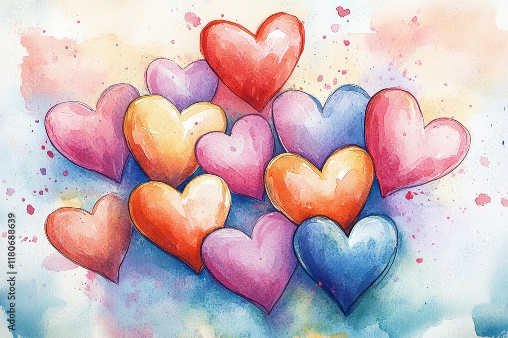 Fototapeta premium Colorful Heart Patterns in Hand-Painted Watercolor Style