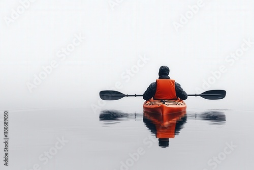 A solitary kayaker in an orange life jacket glides smoothly across a still, misty lake, creating a serene reflection on the water's surface. photo