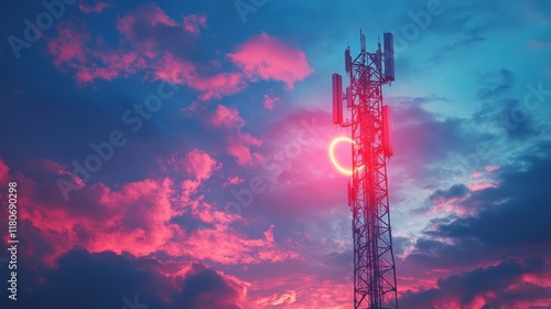 3d illustration of mobile telecommunication cell tower with golden hour view sky background