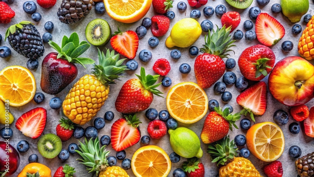 Vibrant array of assorted fresh fruits including strawberries, blueberries, raspberries, kiwi, pineapple, oranges, and lemons, creating a colorful and healthy food background Vibrant array of assorted fresh fruits including strawberries, blueberries, raspberries, kiwi, pineapple, oranges, and lemons, creating a colorful and healthy food background