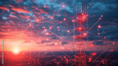 3d illustration of mobile telecommunication cell tower with golden hour view sky background