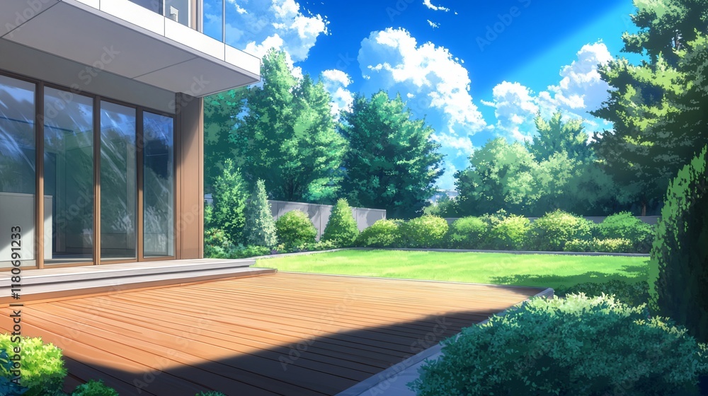 Obraz premium Sunny backyard with modern house, green lawn, and lush trees.