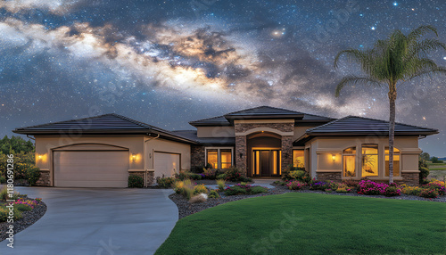 Luxurious house under a breathtaking night sky, showcasing stunning architectural design and landscaping. Ideal for real estate, travel, or home design promotions.