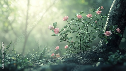 Pink Roses in a Misty Forest: A Dreamy Nature Scene