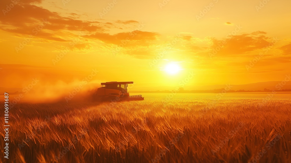 Fototapeta premium Tractor Harvesting Wheat in Golden Field at Sunset