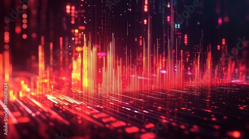 Abstract Digital Light Waves and Data Visualization in Red Tones