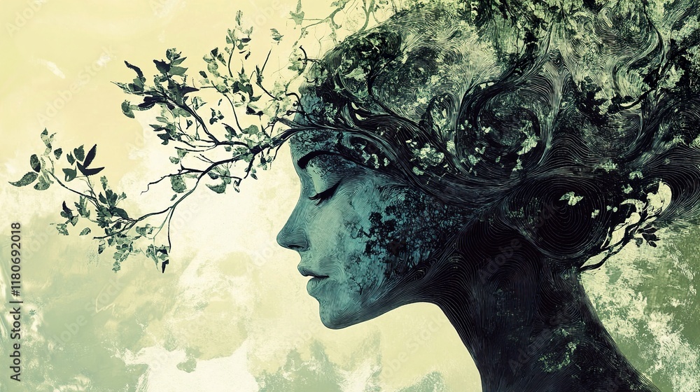 Serene Woman and Tree: A Peaceful Digital Art Serene Woman and Tree: A Peaceful Digital Art