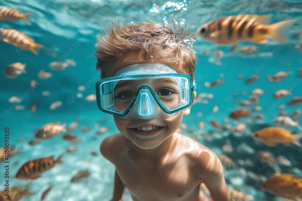 Fototapeta premium Smiling boy wearing a diving mask underwater, surrounded by colorful fish. Perfect for travel, summer, or children's themes; evokes joy and underwater adventure.