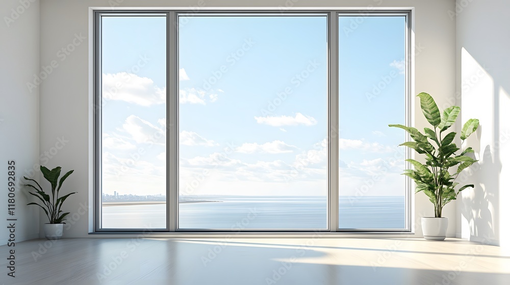 A minimalist window with a large glass pane, surrounded by smooth white walls. A minimalist window with a large glass pane, surrounded by smooth white walls.