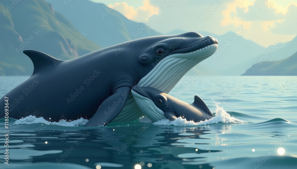 Fototapeta premium Whale Calf with Mother - Loving Connection