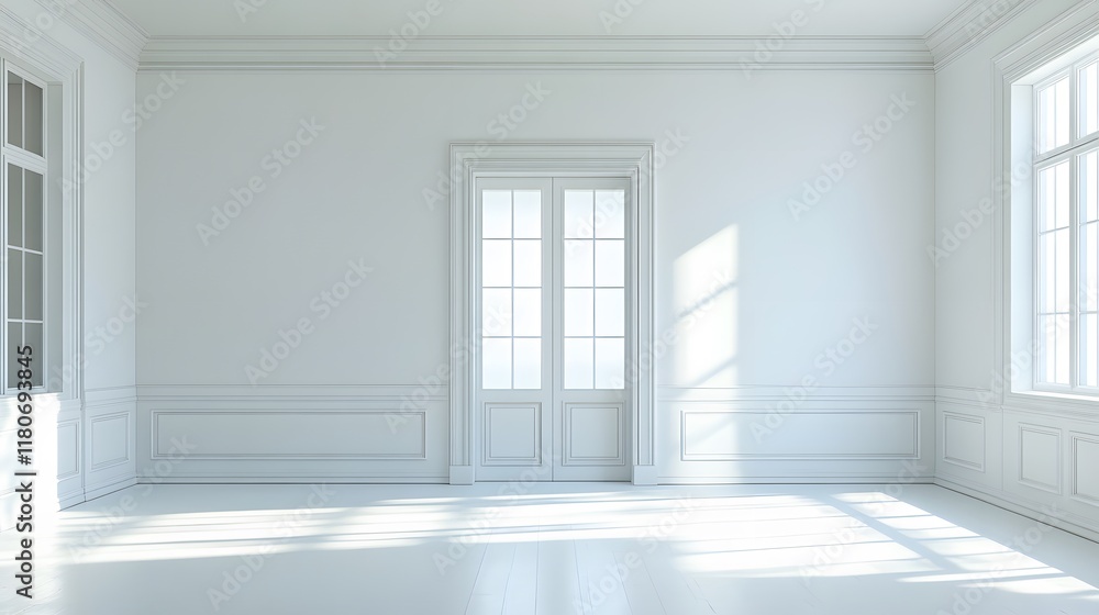 A wide sliding glass door, creating an open feel in a pristine white room. A wide sliding glass door, creating an open feel in a pristine white room.