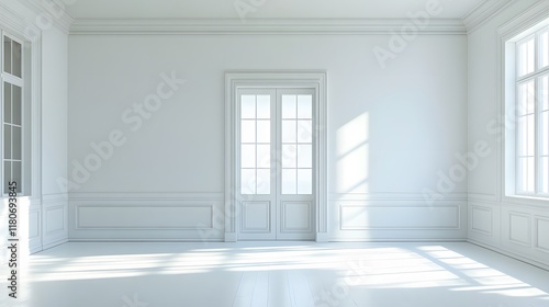 A wide sliding glass door, creating an open feel in a pristine white room.