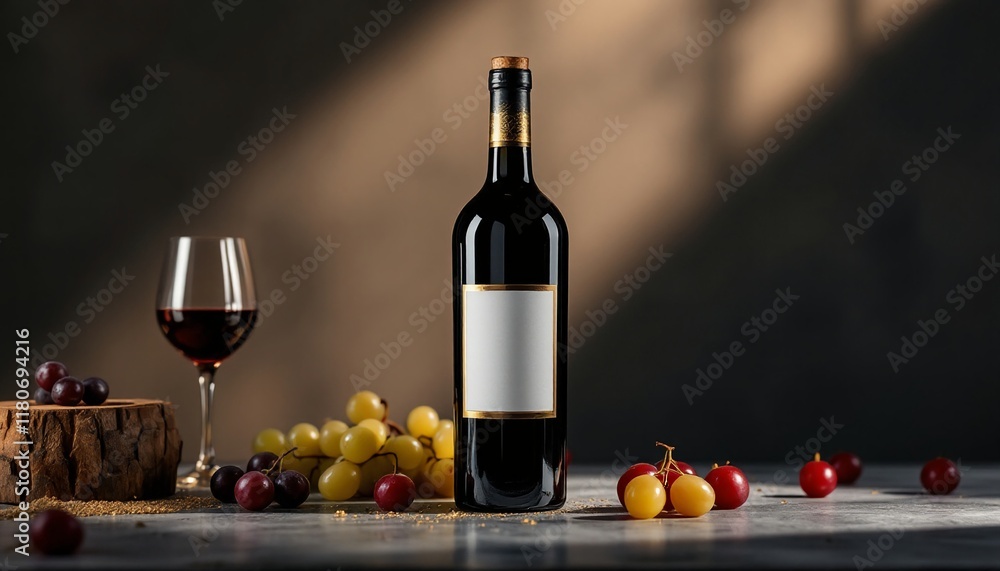 Obraz premium Wine bottle mockup on dark background, customizable label
