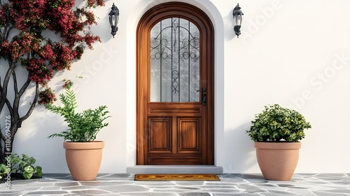 Fototapeta Naklejka Na Ścianę i Meble -  A decorative wooden door with a unique glass panel design, set against a white wall.