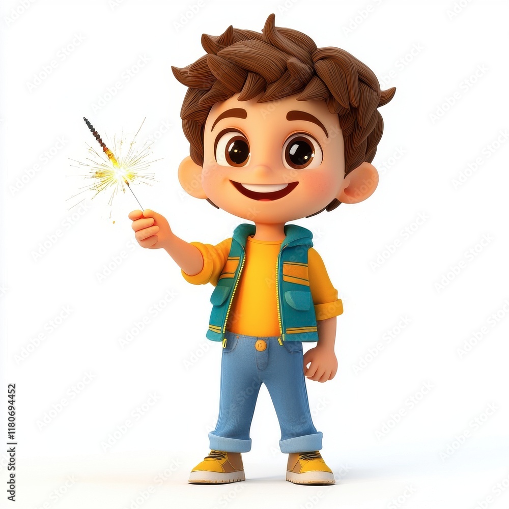 Cheerful Cartoon Boy Holding Sparkler in Vibrant Outfit and Joyful Pose Cheerful Cartoon Boy Holding Sparkler in Vibrant Outfit and Joyful Pose
