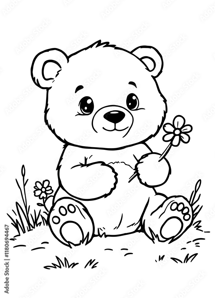 Fototapeta premium A cute baby bear waving happily coloring page for children