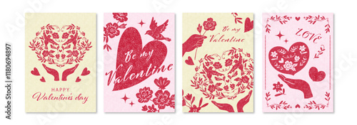  A Valentine's Day postcard vector design set with illustrations of flowers, birds, and heart silhouettes. A vintage-style Valentine's Day postcard set.