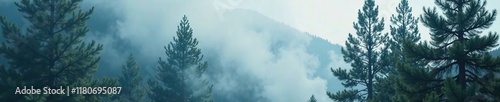 wispy white smoke curls around pine tree branches, hazy, dense smoke, misty photo