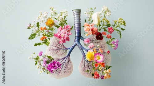 Lungs Shaped Floral Arrangement  Colorful Flowers in Respiratory System Model  Spring Bloo photo