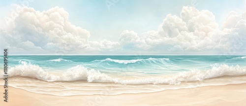 Fototapeta Naklejka Na Ścianę i Meble -  A painting of a beach with a large wave crashing in the distance
