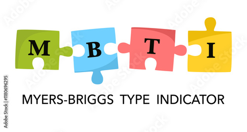 Myers-Briggs type indicator on the puzzle shape. MBTI psychological test concept.