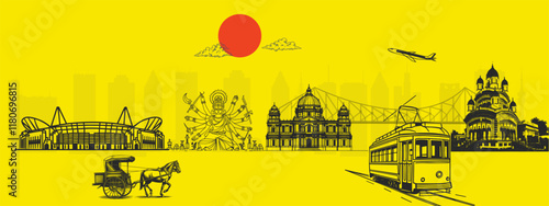 Kolkata Skyline Vector with Iconic Victoria Memorial and Howrah Bridge