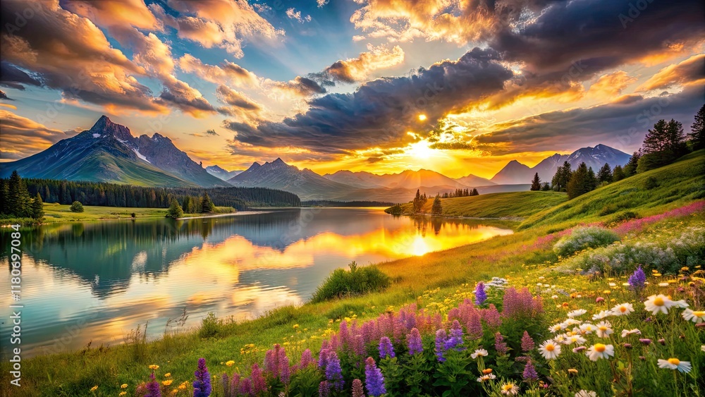 Naklejka premium Majestic Sunrise Landscape: Serene Lake, Mountain Vista, Grassy Meadow, Flowing Clouds