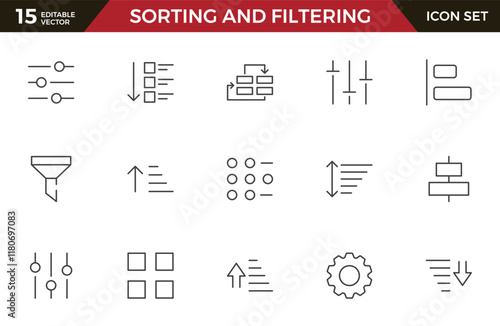 Set of sorting and filtering related linear icons on white background. Templates of data processing, structure order, digital management and other icons for business. Flat cartoon vector illustration.