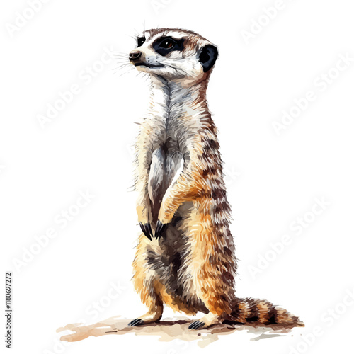 A watercolor painting of a meerkat standing on alert, isolated on a white background. Meerkat vector.
