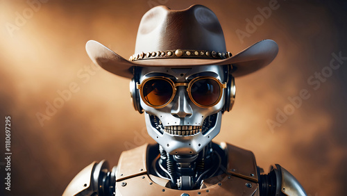 Humanoid robot wearing cowboy hat and sunglasses