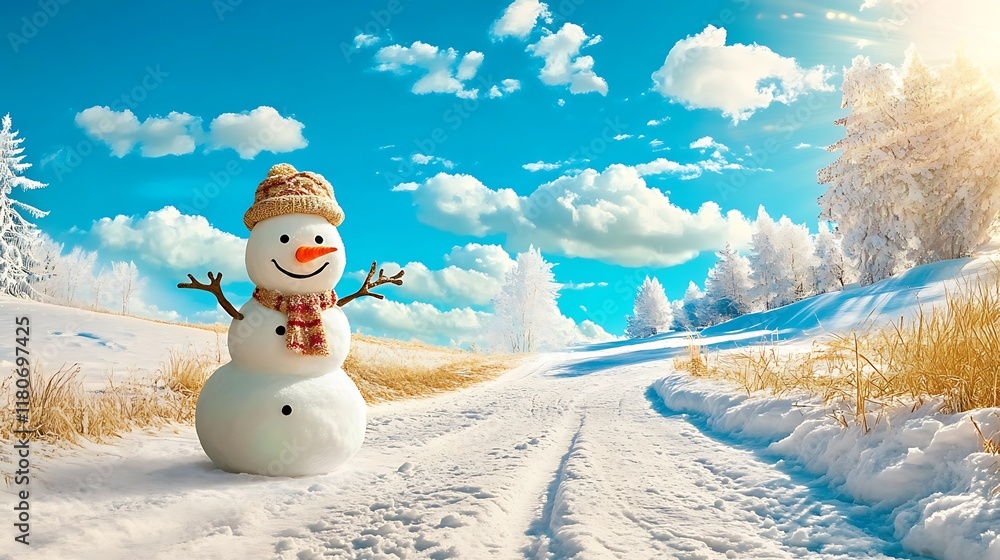 Obraz premium Panoramic view of happy snowman in winter, Panoramic Winter Landscape Featuring a Joyful Snowman Surrounded by a Beautiful Snowy Landscape Under a Bright Blue Sky and Fluffy Clouds