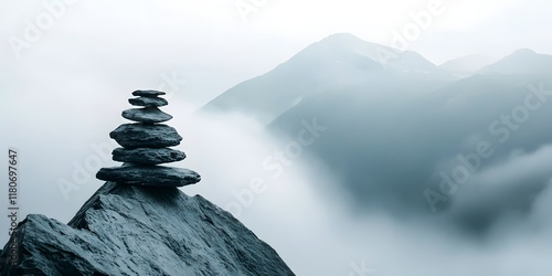 Minimalist stone pyramid structure balancing atop a rocky outcrop overlooking a serene misty mountain landscape with dramatic moody atmosphere  Conceptual image evoking tranquility harmony photo