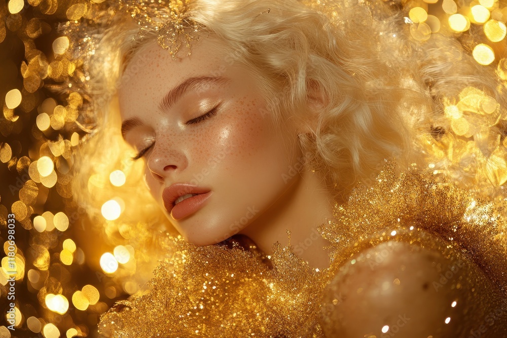 Blond woman with freckles, eyes closed, draped in gold glitter. Perfect for luxury, beauty, or holiday themes. Blond woman with freckles, eyes closed, draped in gold glitter. Perfect for luxury, beauty, or holiday themes.