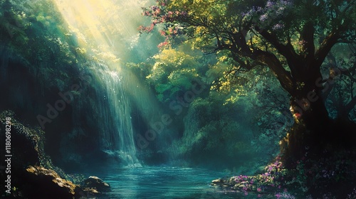 Enchanted Waterfall in Lush Forest: A Serene Landscape