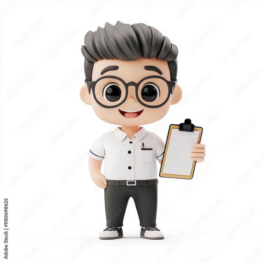 Cheerful cartoon character with clipboard and glasses in casual attire Cheerful cartoon character with clipboard and glasses in casual attire
