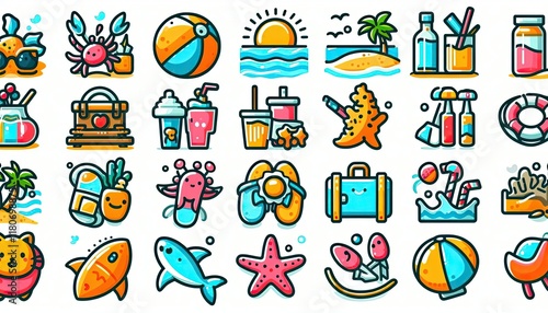 Beach Activities cute icon set. illustration white background	