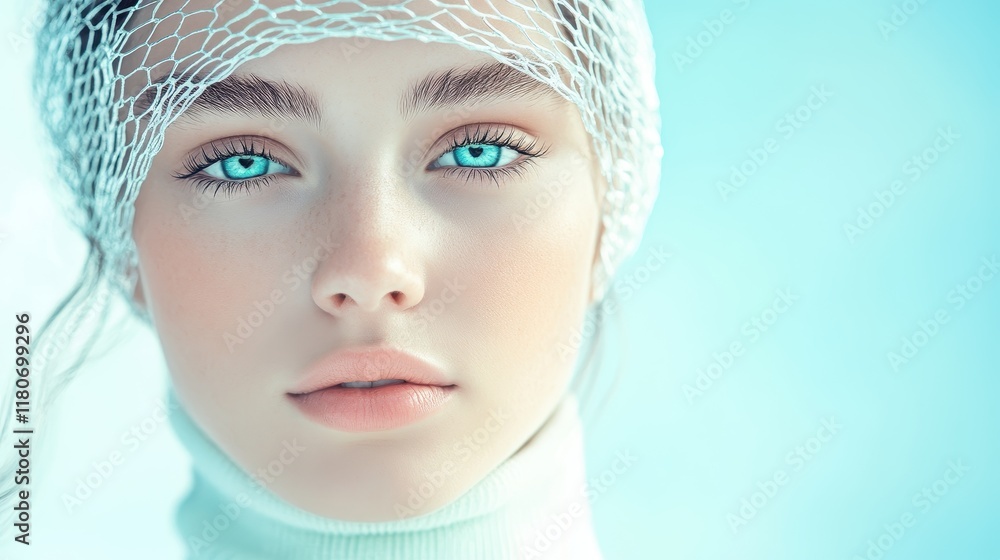 A woman with blue eyes and a white net over her face A woman with blue eyes and a white net over her face