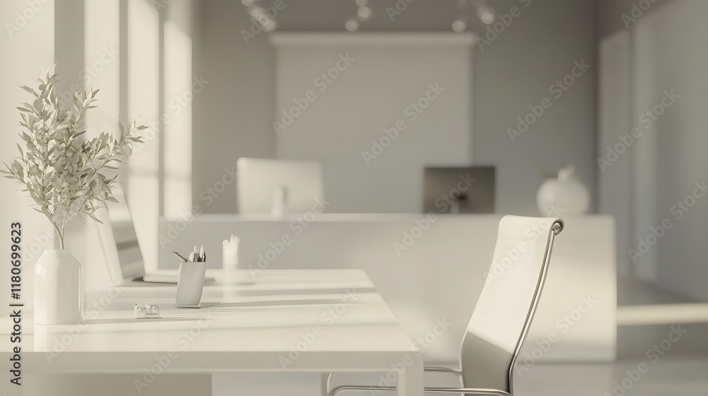 office with a large white desk, an ergonomic chair, and a few decorative items. The background is blurred with soft gray tones office with a large white desk, an ergonomic chair, and a few decorative items. The background is blurred with soft gray tones