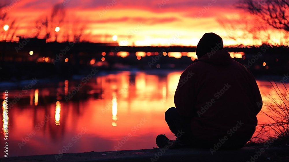 Fototapeta premium Silhouetted person sits by river, watching vibrant sunset.