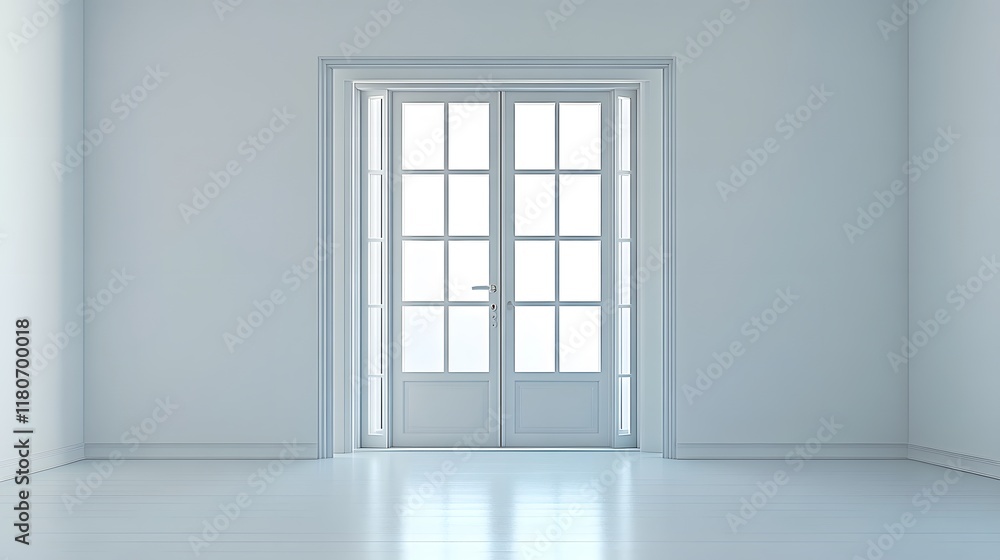 Fototapeta premium A glass door with clean, sharp lines and no visible texture, set in a white minimalist room.