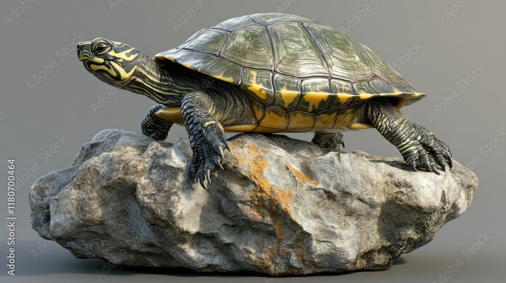 A realistic turtle perched on a rock, showcasing its detailed features and natural habitat.